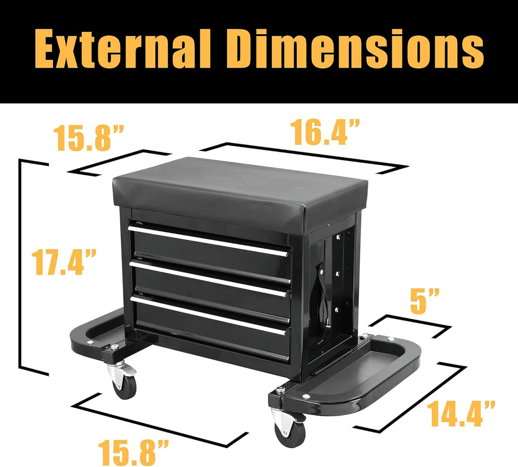 Black 3 Drawer Rolling Garage Tool Storage Chest and Seat U869102