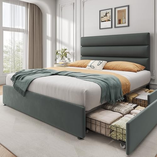 Queen Size Velvet Upholstered Bed Frame with Storage Drawers O26018