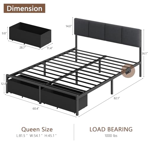 Queen Size Upholstered Platform Bed Frame with Headboard and Storage Drawer Q3270