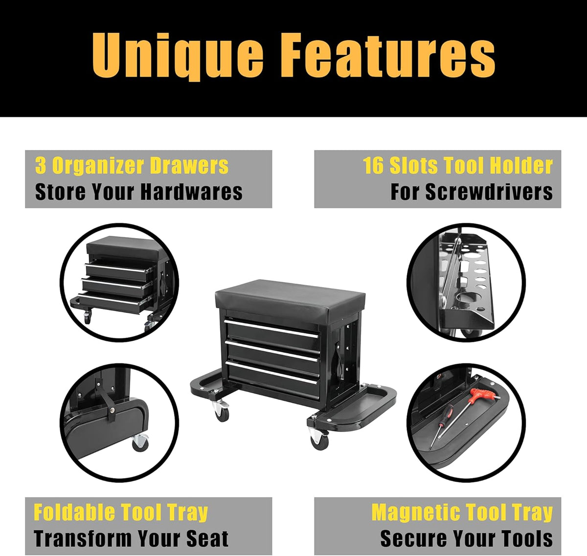 Black 3 Drawer Rolling Garage Tool Storage Chest and Seat U869102