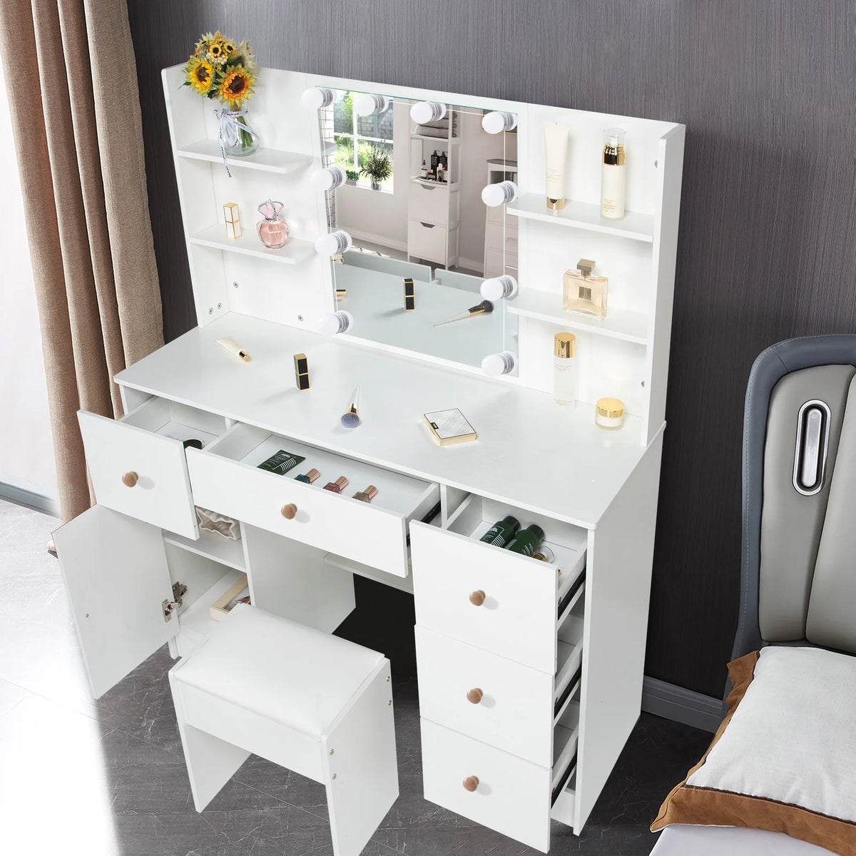 White Vanity Set with Mirror and Lights A2354
