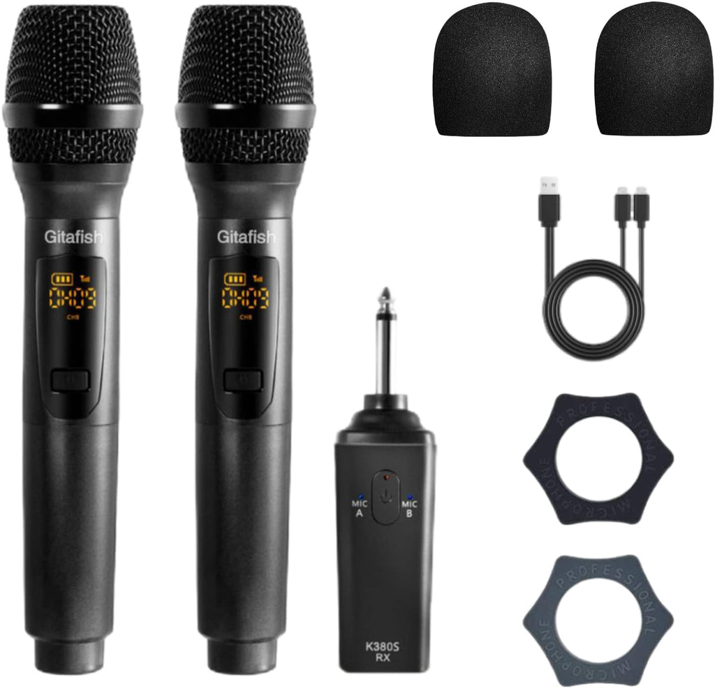 Rechargeable Wireless UHF Dual Cordless Metal Dynamic Microphone System Pack of 2 Y509423