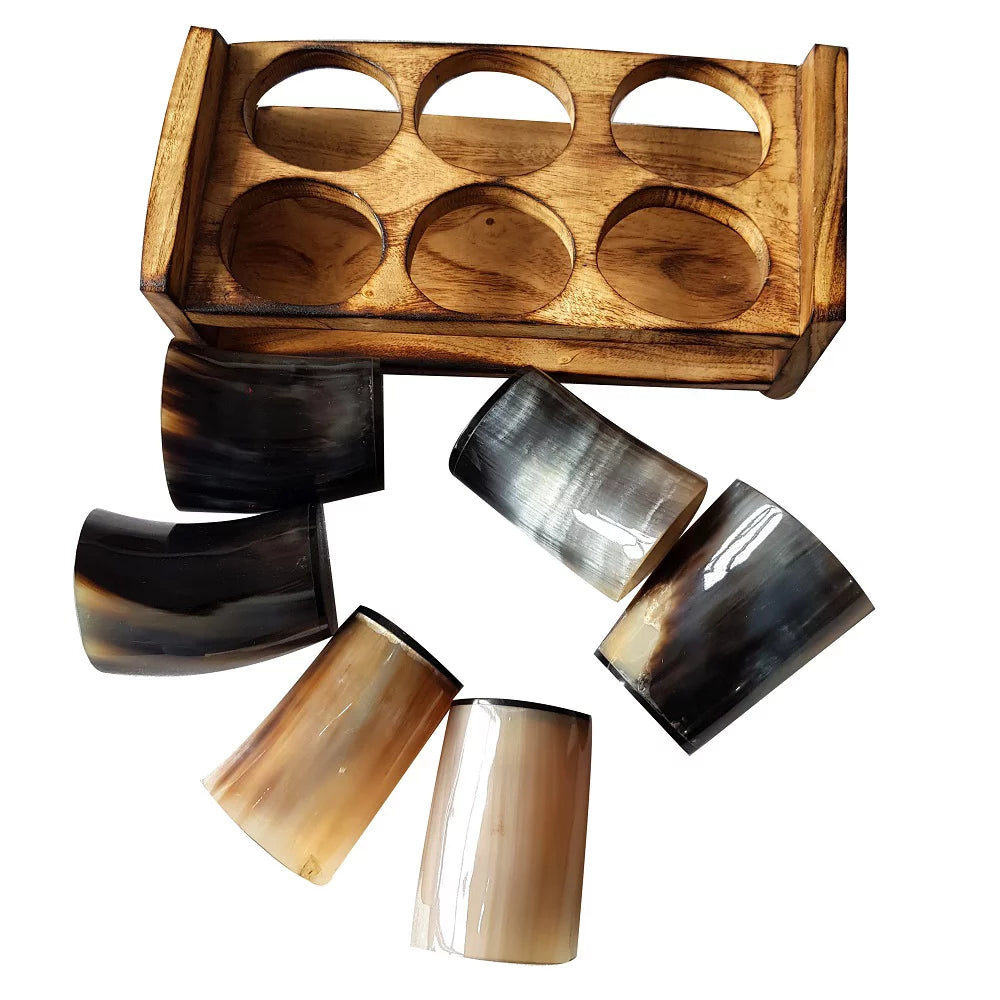Viking Beer Wine Drinking Horn Glass Set Of 6 With Wooden Stand T68992