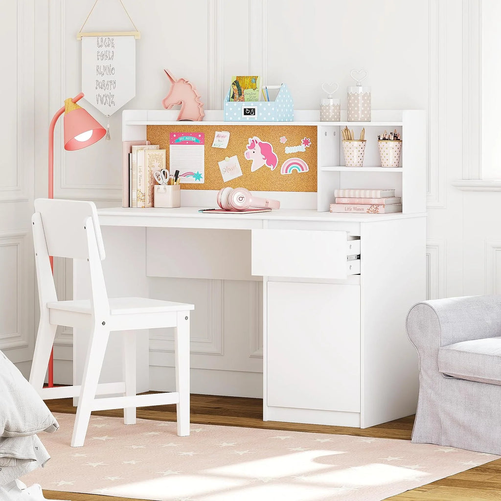 Kids Study Desk and Chair Set with Hutch and Storage Cabinet R8054
