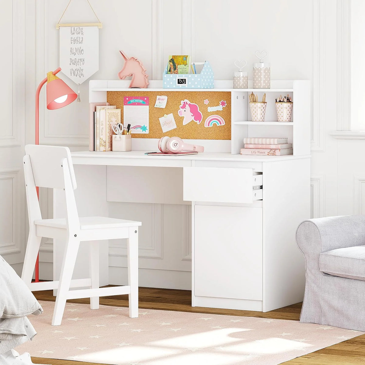 Kids Study Desk and Chair Set with Hutch and Storage Cabinet R8054