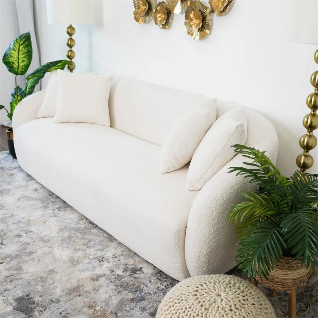 Cream Boucle Fabric Tight Back Couch F72701