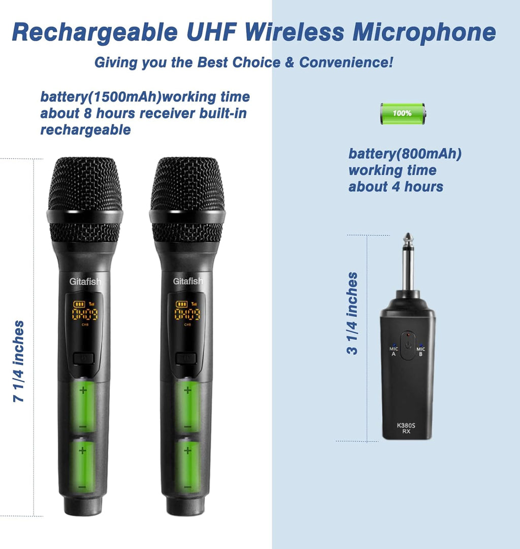 Rechargeable Wireless UHF Dual Cordless Metal Dynamic Microphone System Pack of 2 Y509423