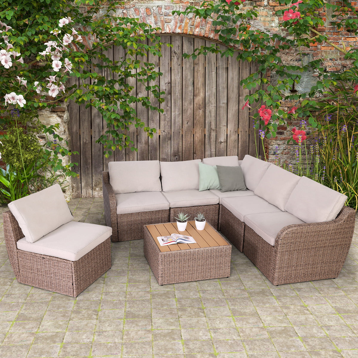7 Pcs Half-Round Rattan Patio Furniture Set with Cushion and Table D3332