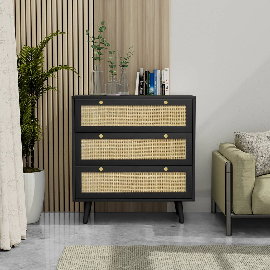 Black 3-Drawer Rattan Dresser Storage Cabinet L567