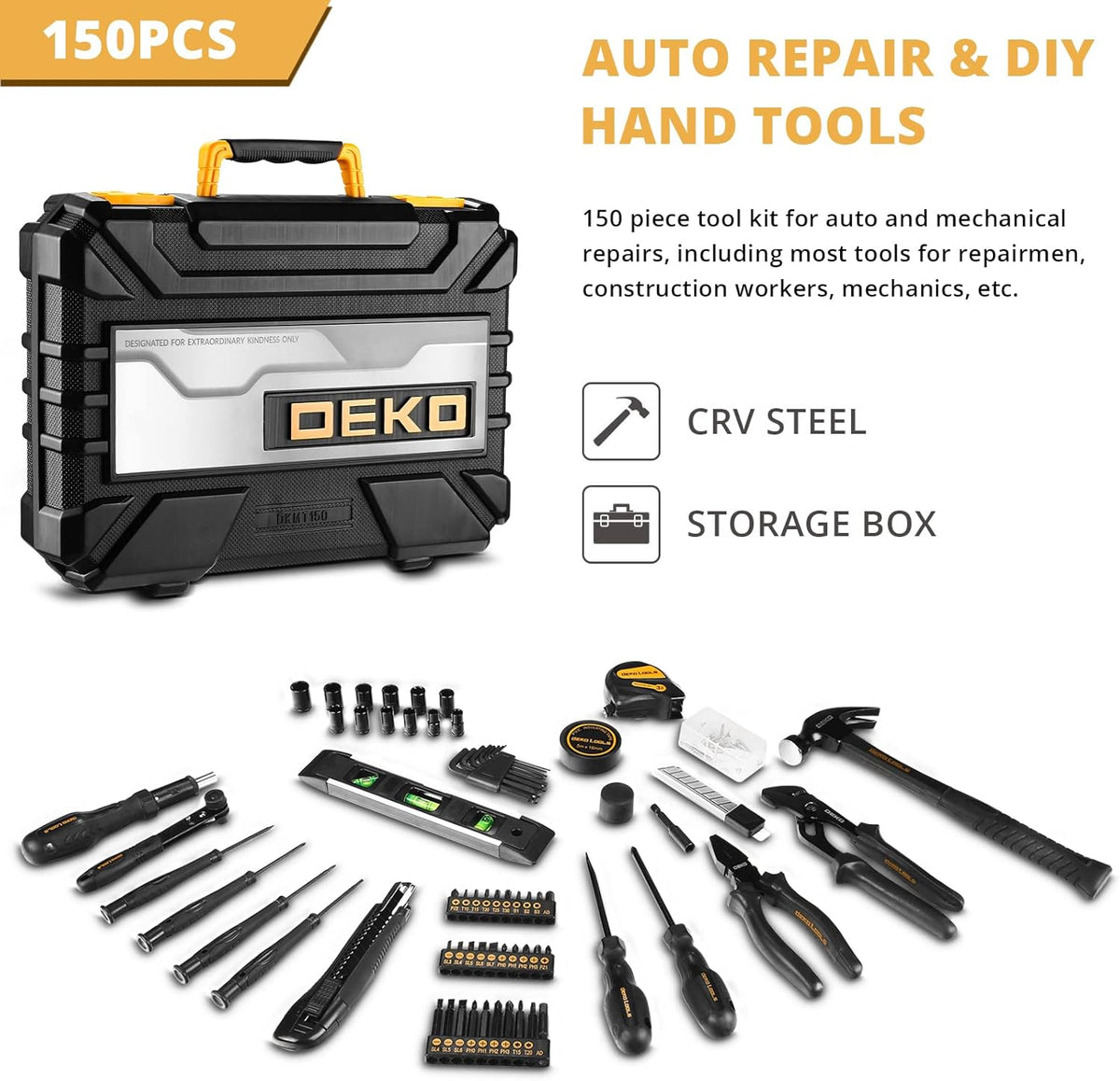 150 Piece Hand Tool Set with Plastic Toolbox Storage Case Q594737