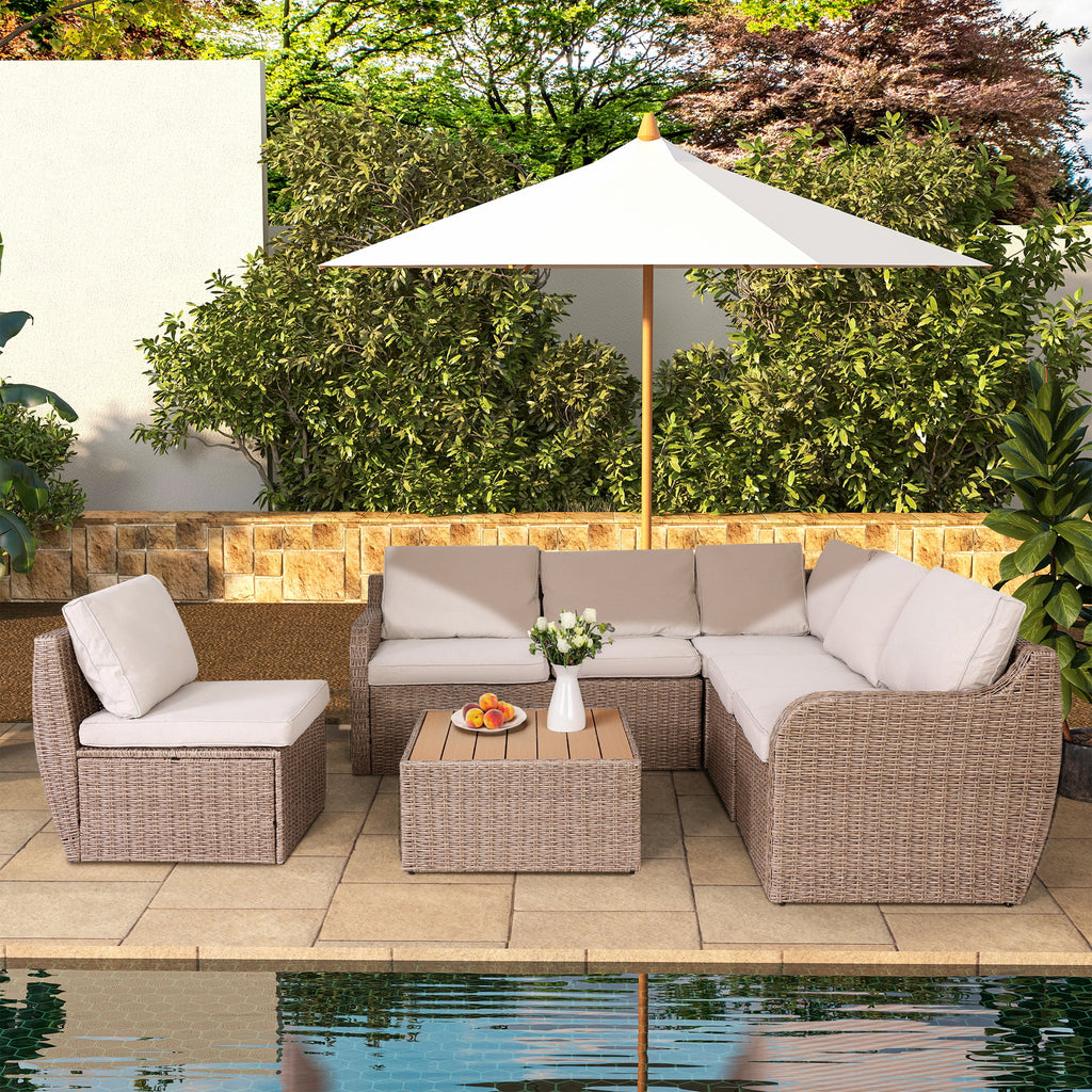 7 Pcs Half-Round Rattan Patio Furniture Set with Cushion and Table D3332