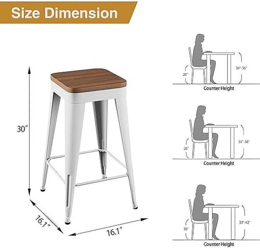 Set of 4 Metal Counter Height Stools with Back and Wooden Seat J741