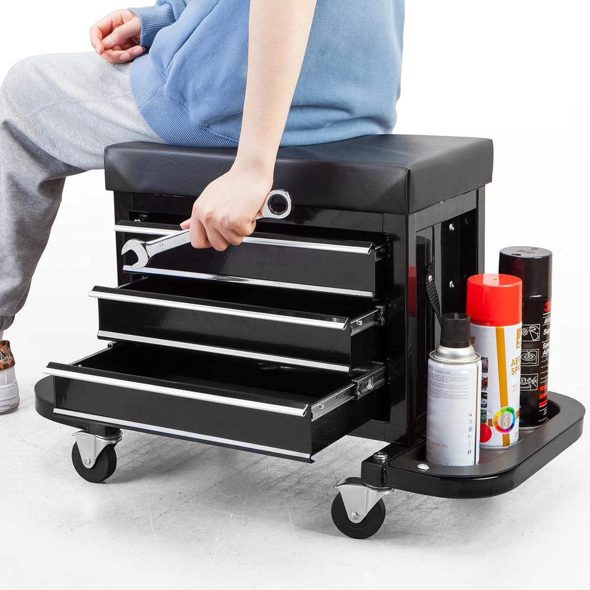 Black 3 Drawer Rolling Garage Tool Storage Chest and Seat U869102