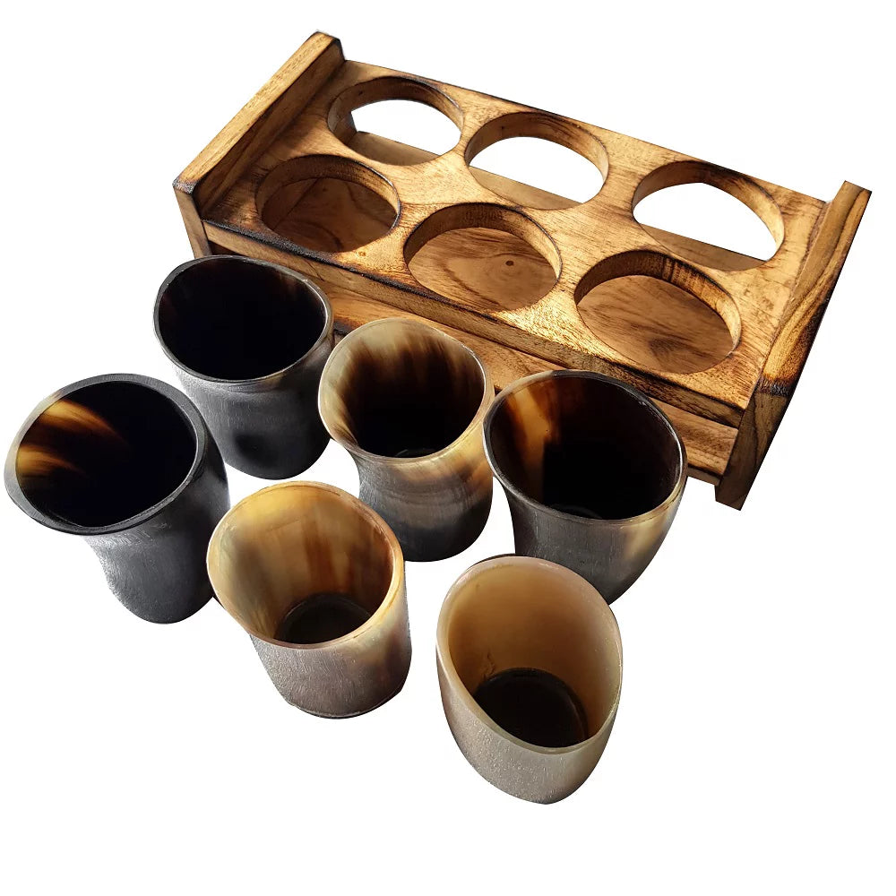 Viking Beer Wine Drinking Horn Glass Set Of 6 With Wooden Stand T68992