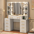 White Vanity Desk with Mirror & LED Lights, Glass Top, 9 Drawers D738