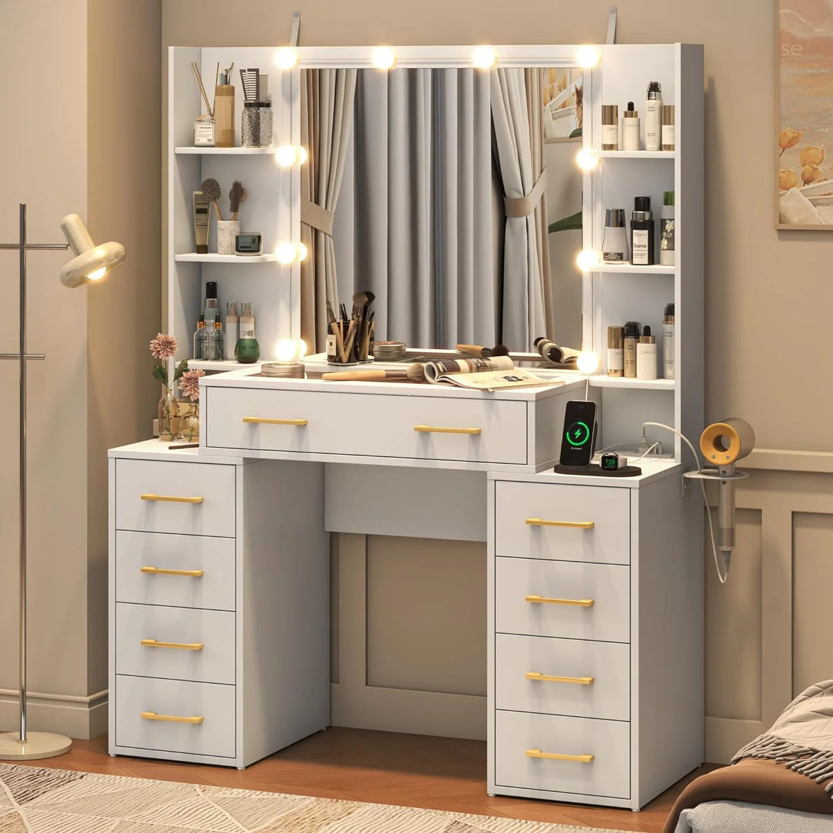 White Vanity Desk with Mirror & LED Lights, Glass Top, 9 Drawers D738