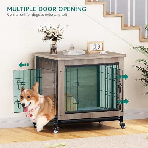 Gray Dog Crate Furniture with Cushion and Wheels X854