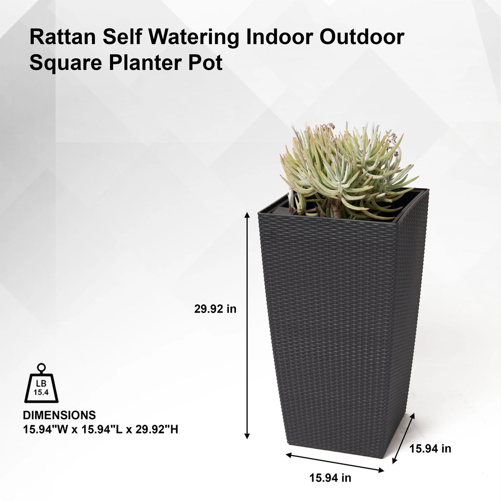 30" Black Rattan Self Watering Square Planter Pot X4230