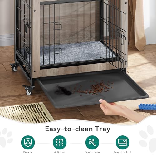 Gray Dog Crate Furniture with Cushion and Wheels X854
