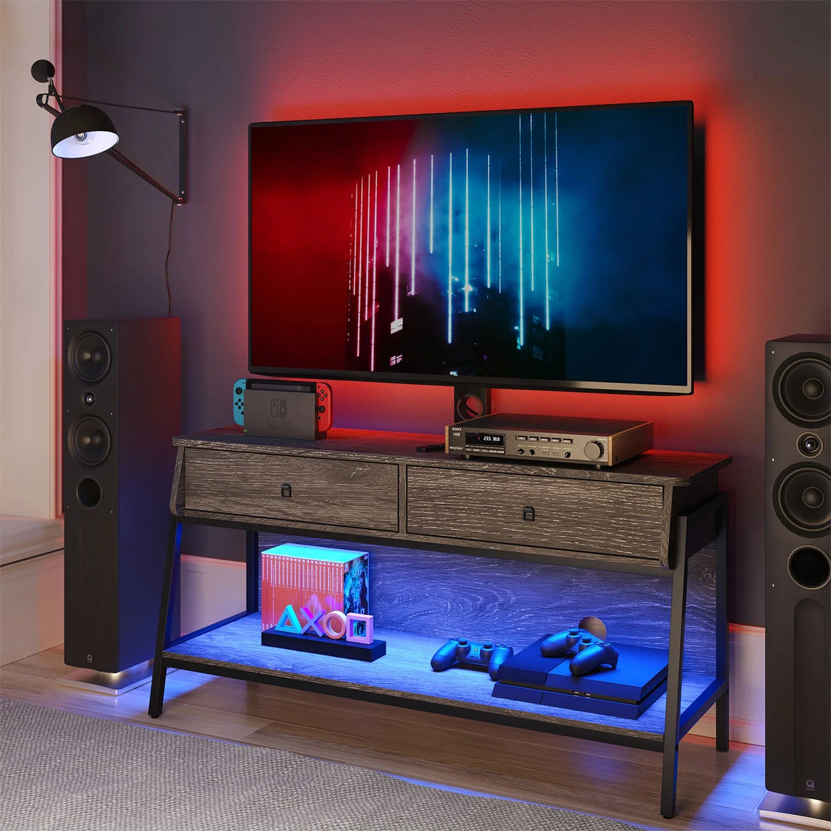 TV Stand with Adjustable Wall Mount, Grey Wash Finish K70200