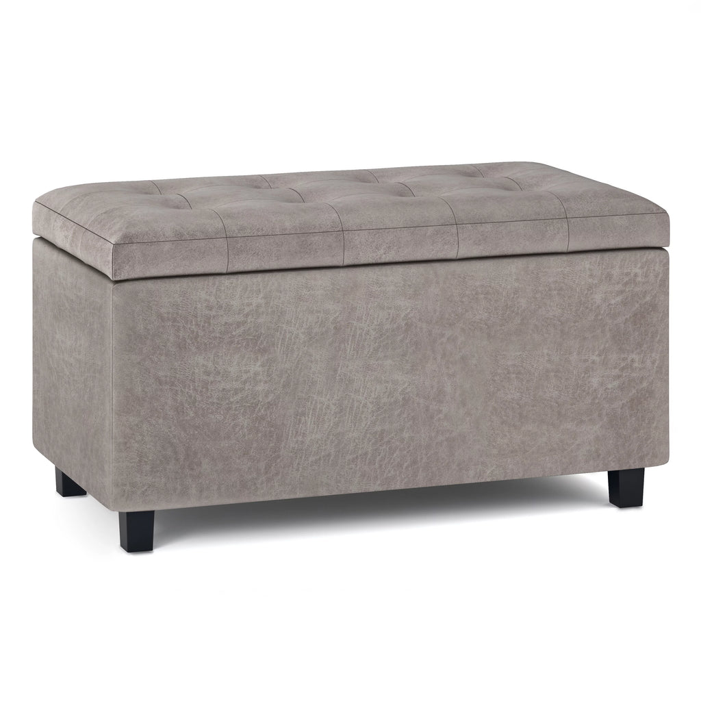 34 inch Wide Rectangle Storage Ottoman in Distressed Grey Taupe Faux Leather A9802