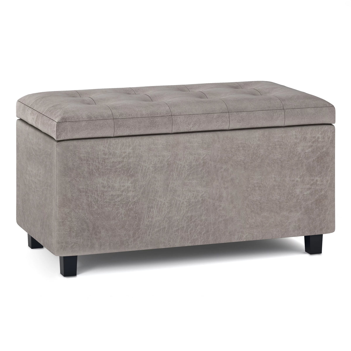 34 inch Wide Rectangle Storage Ottoman in Distressed Grey Taupe Faux Leather A9802