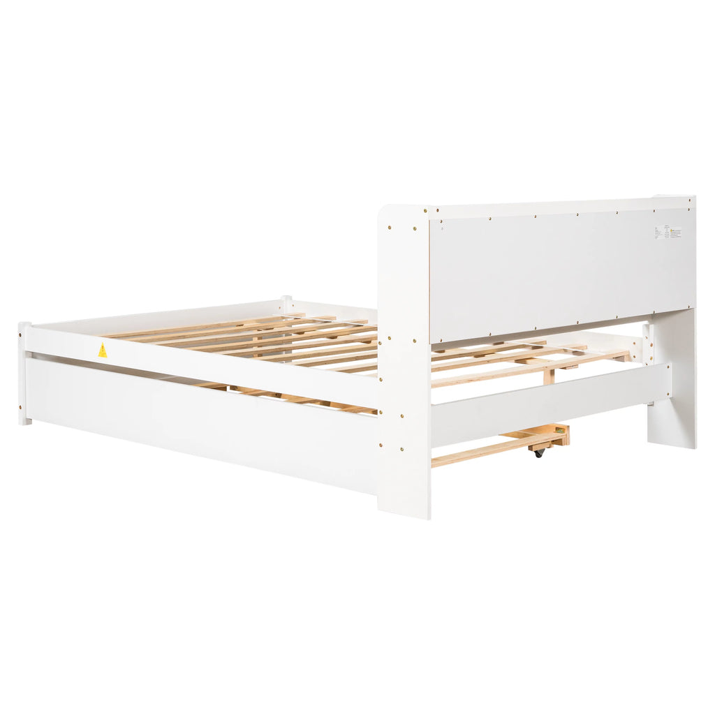 White Wood Full Size Trundle Bed with Bookcase Headboard U691