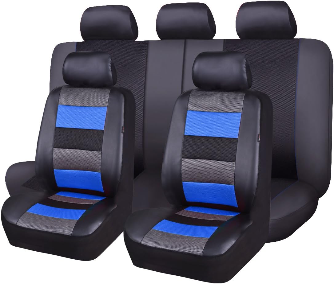 Black Leather and Red Fabric Car Seat Covers Full Set S2970