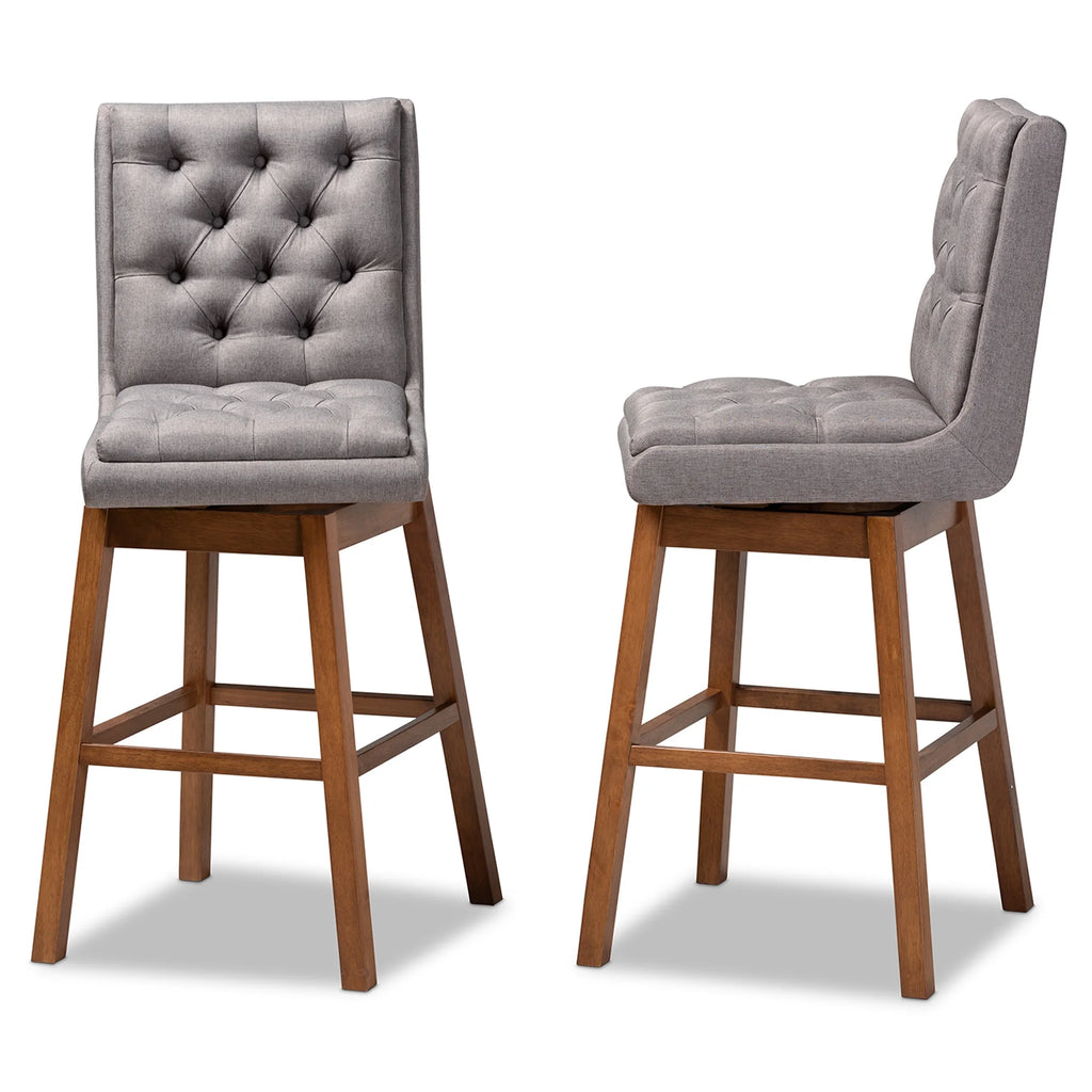 Grey Fabric Upholstered Walnut Brown Wood 2-Piece Swivel Bar Stool Set D64407