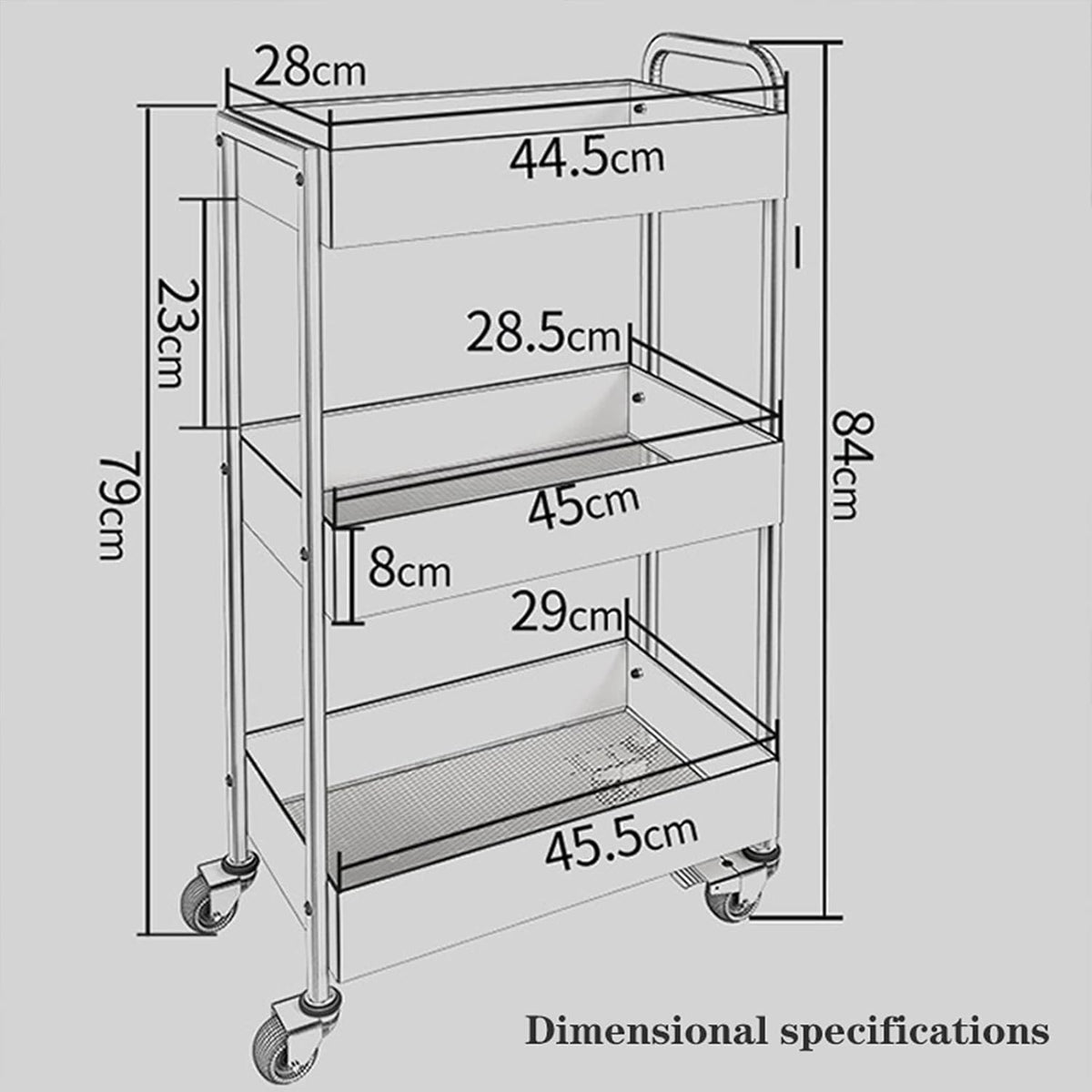 3-Tier White Metal Rolling Storage Cart with Wheels and Handle K85675