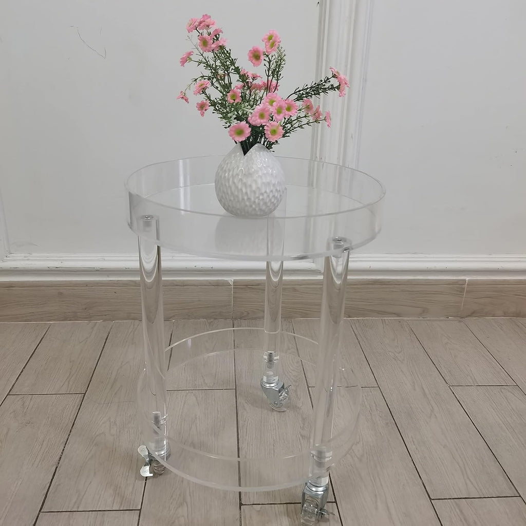 Clear Round Rolling Cart with Wheels 2-Tier Storage Tray D3124