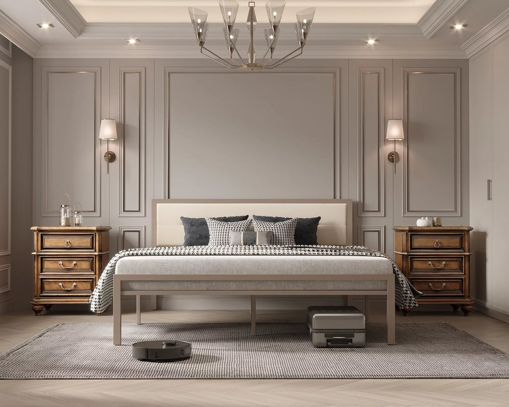 Queen Size Steel Platform Bed Frame with Fabric Headboard X38476