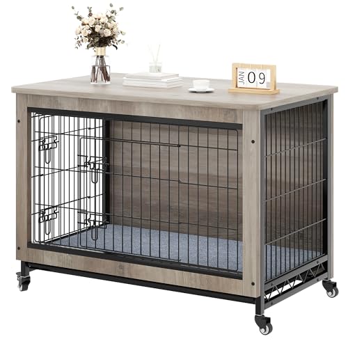 Gray Dog Crate Furniture with Cushion and Wheels X854