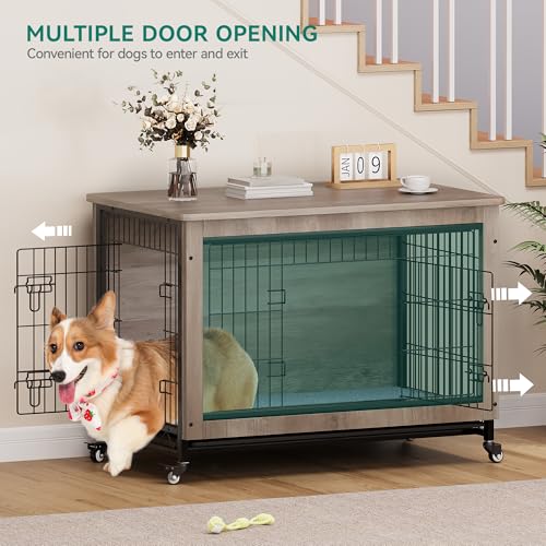 Gray Dog Crate Furniture with Cushion and Wheels X854