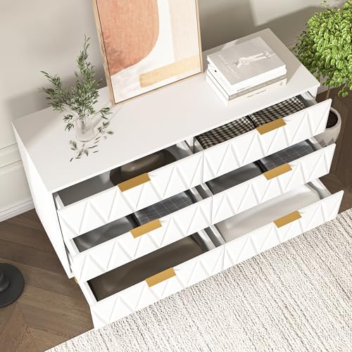 White 6 Drawer Wood Dresser with Gold Handles N151997