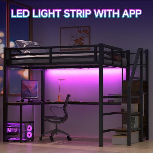 Full Size Black Metal Loft Bed with Desk and Storage Stairs Y2701