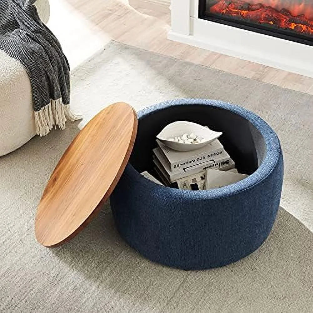 Light Gray Round Ottoman with Reversible Lid Tray J49079