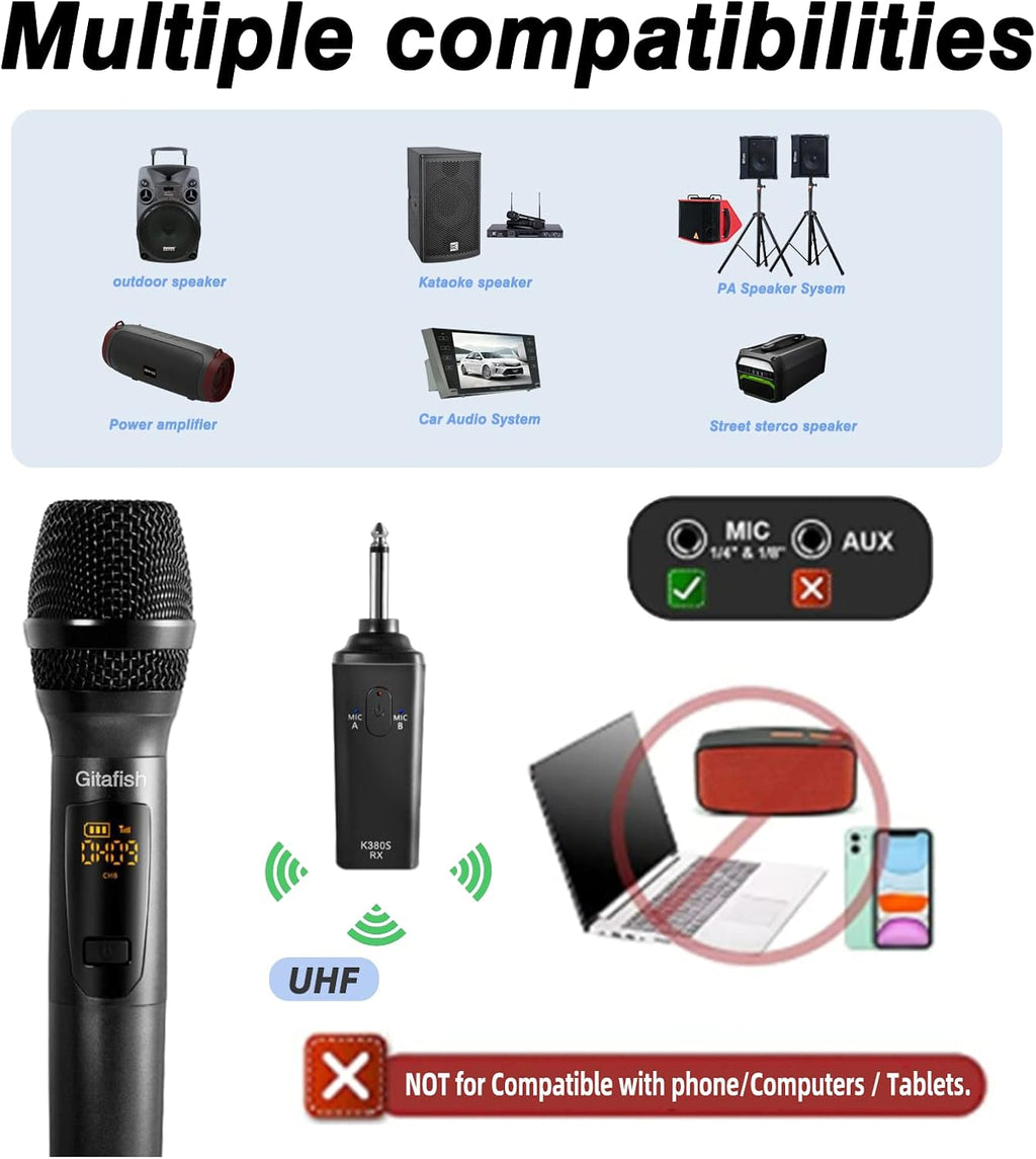 Rechargeable Wireless UHF Dual Cordless Metal Dynamic Microphone System Pack of 2 Y509423