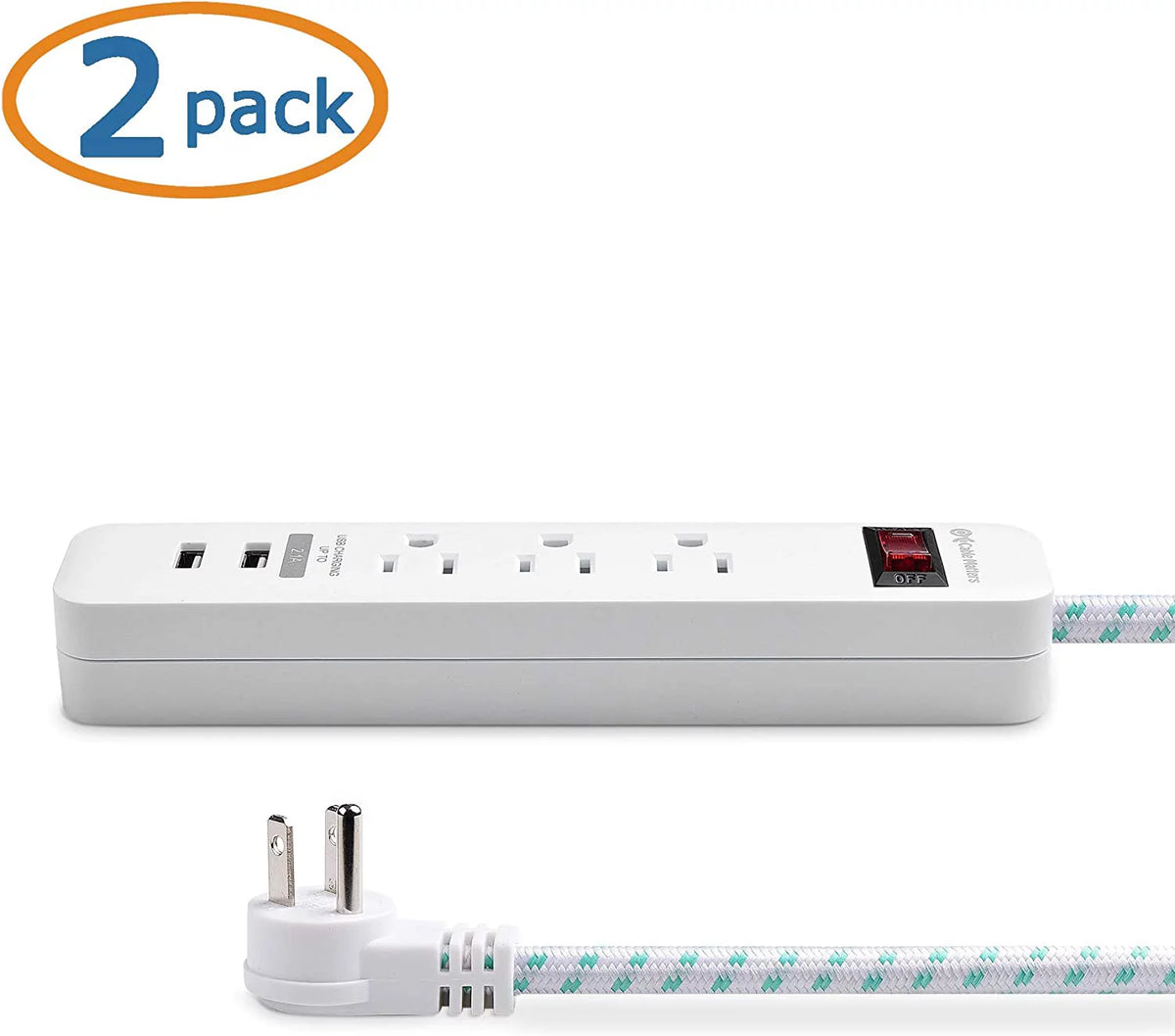 2-Pack 3 Outlet Surge Protector Power Strip with USB Charging Ports White U179
