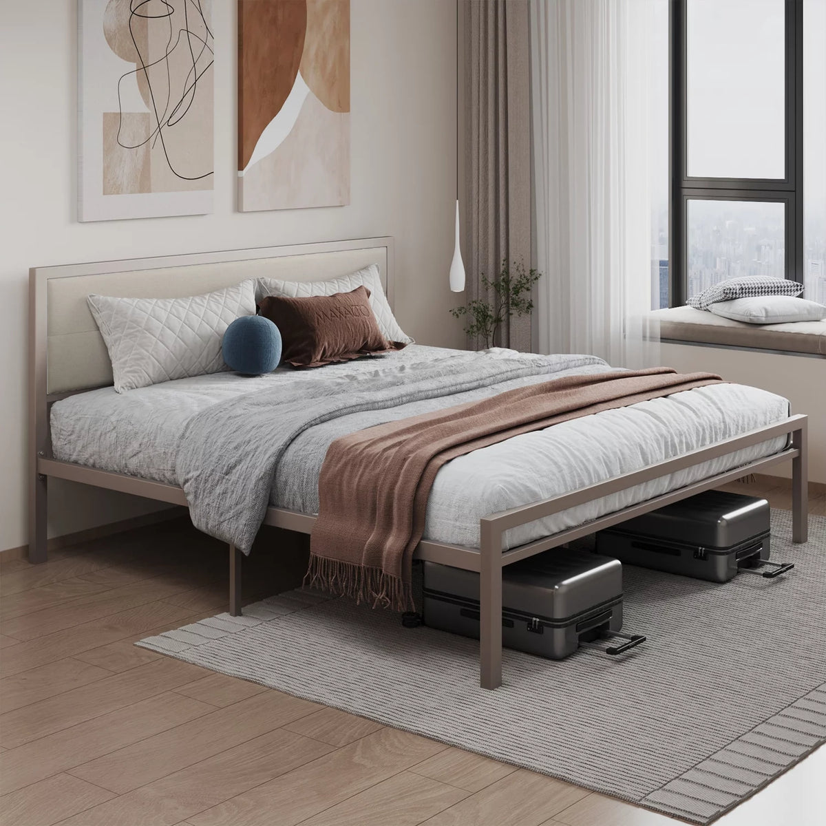 Queen Size Steel Platform Bed Frame with Fabric Headboard X38476