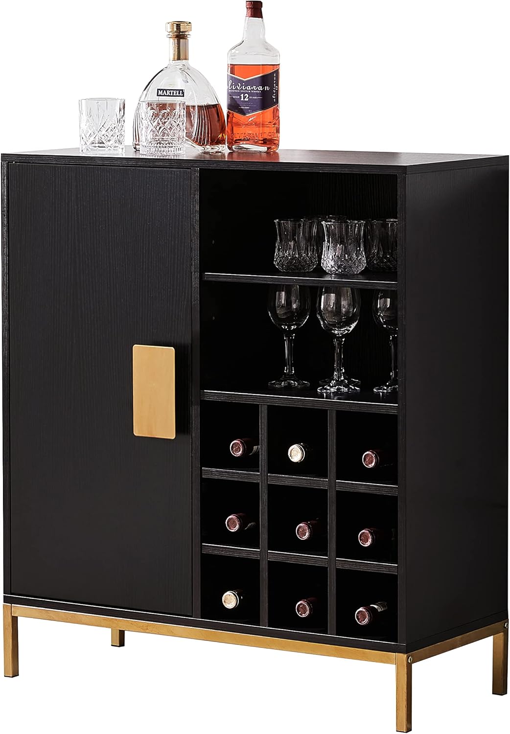 Black Gold Wood Buffet Bar Cabinet with Wine Rack and Glass Holder Q7073