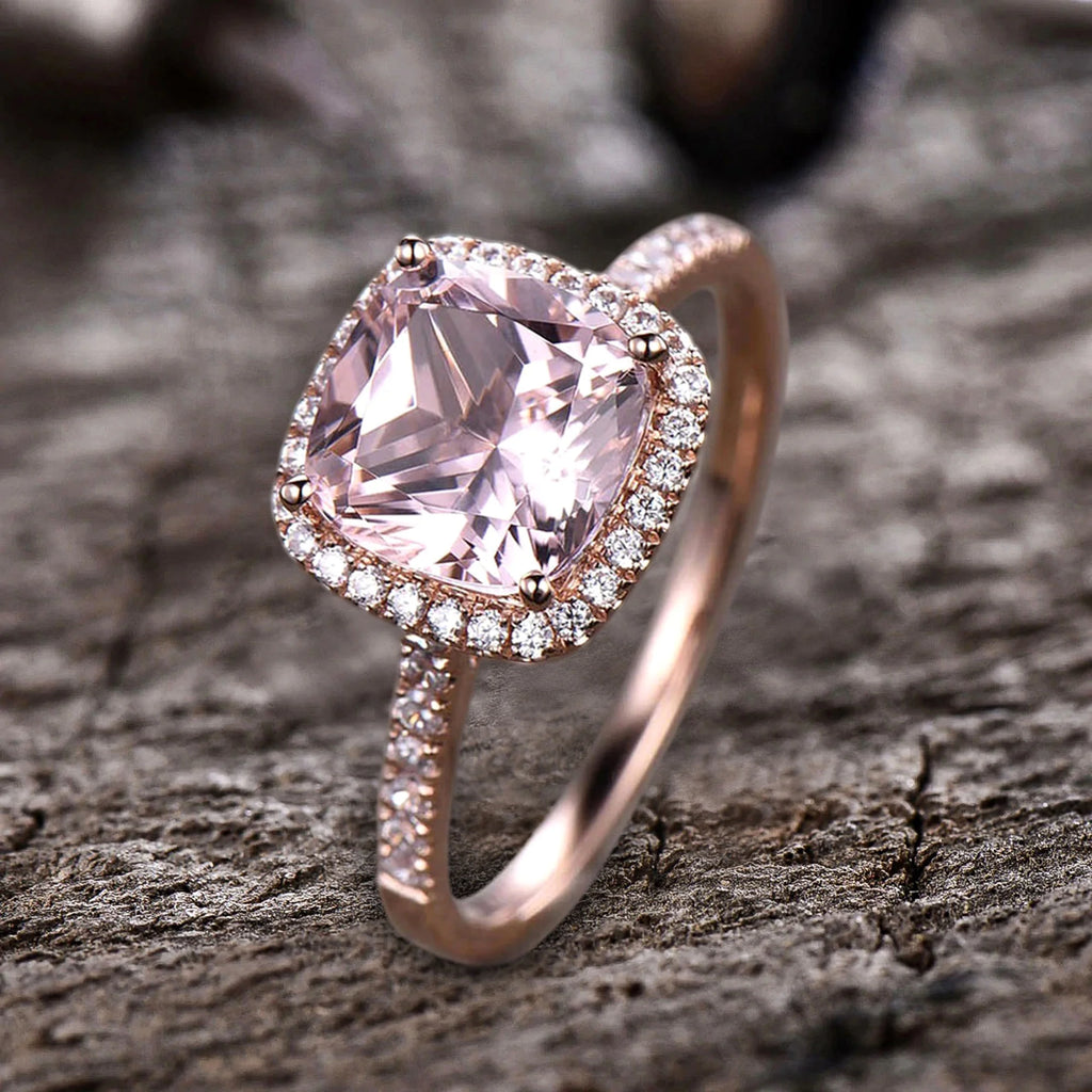 10mm 4.75 Carat Cushion Cut Pink Morganite 10k Rose Gold Halo Engagement Ring N2280