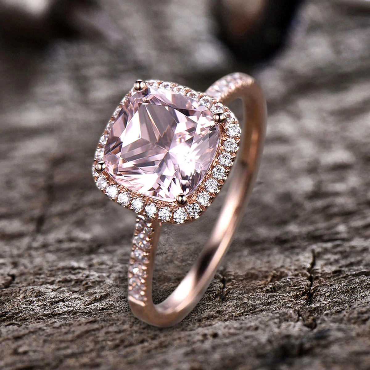 10mm 4.75 Carat Cushion Cut Pink Morganite 10k Rose Gold Halo Engagement Ring N2280
