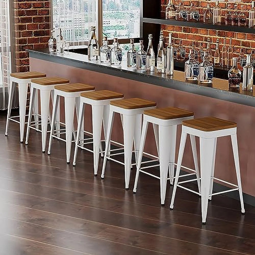 Set of 4 Metal Counter Height Stools with Back and Wooden Seat J741