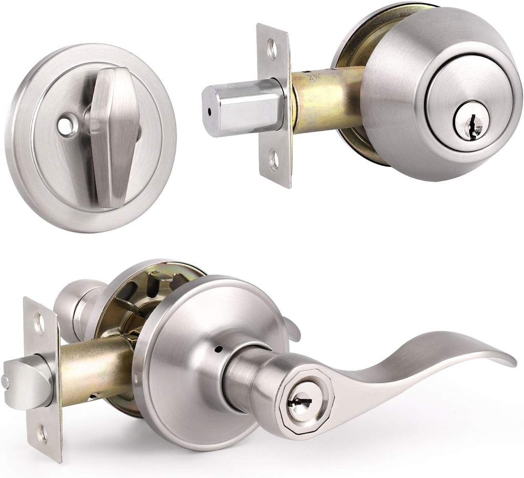 6 Pack Satin Nickel Entry Door Levers with Double Cylinder Deadbolt Handlesets U393220