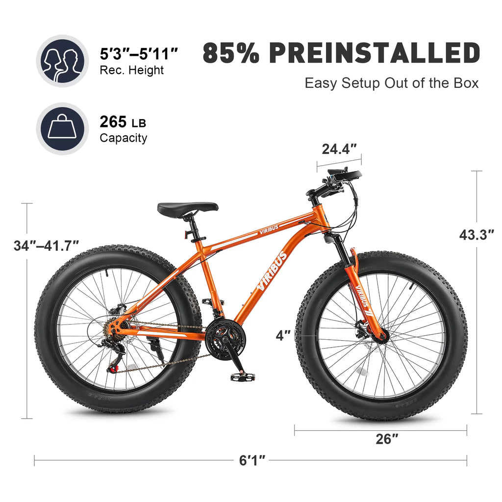 26 Fat Tire Mountain Bike with Front Suspension 21 Speeds Disc Brakes Orange O160
