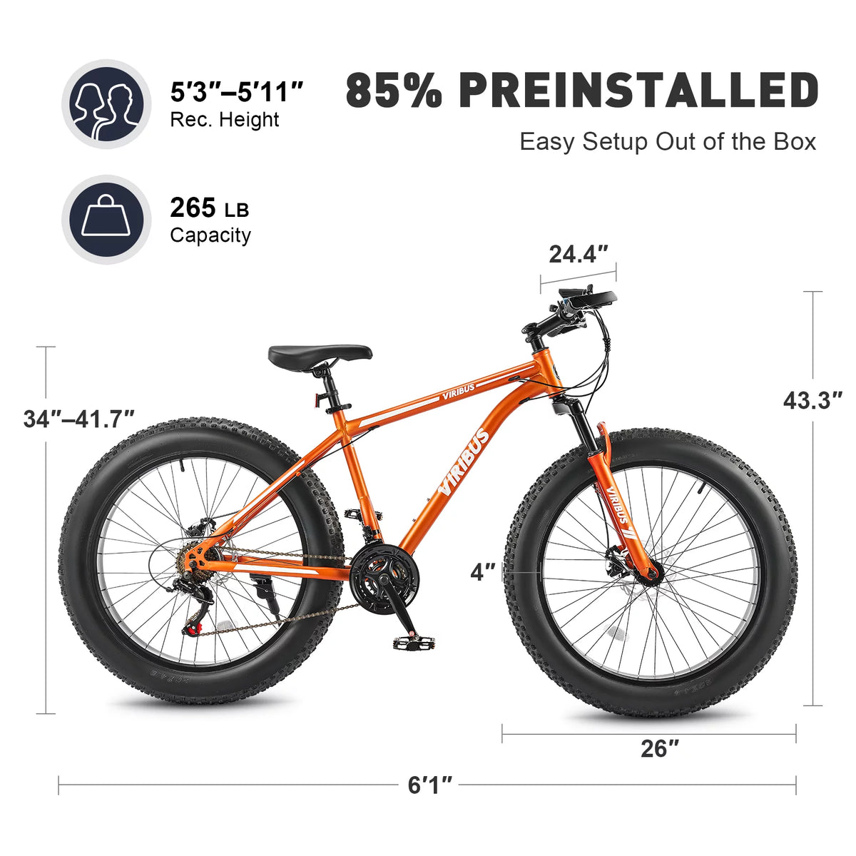 26 Fat Tire Mountain Bike with Front Suspension 21 Speeds Disc Brakes Orange O160