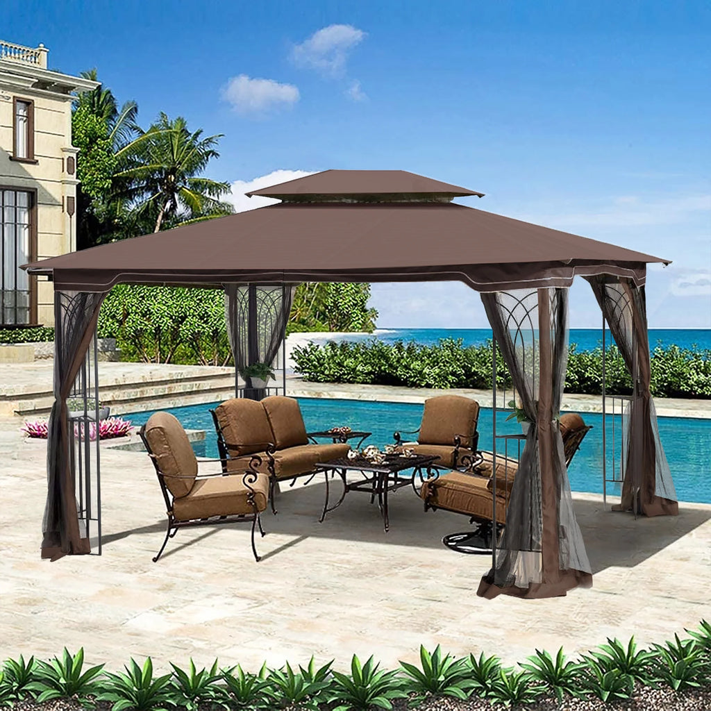 Brown Outdoor Patio Gazebo Canopy Tent with Ventilated Double Roof and Mosquito Net A951903