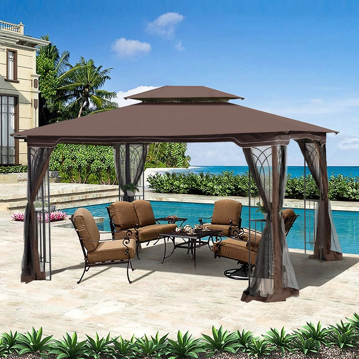 Brown Outdoor Patio Gazebo Canopy Tent with Ventilated Double Roof and Mosquito Net A951903