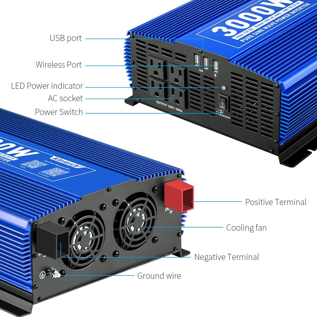 3000W Pure Sine Wave Power Inverter 12V DC to 110V AC with 4 AC Outlets 2 USB Ports S8099